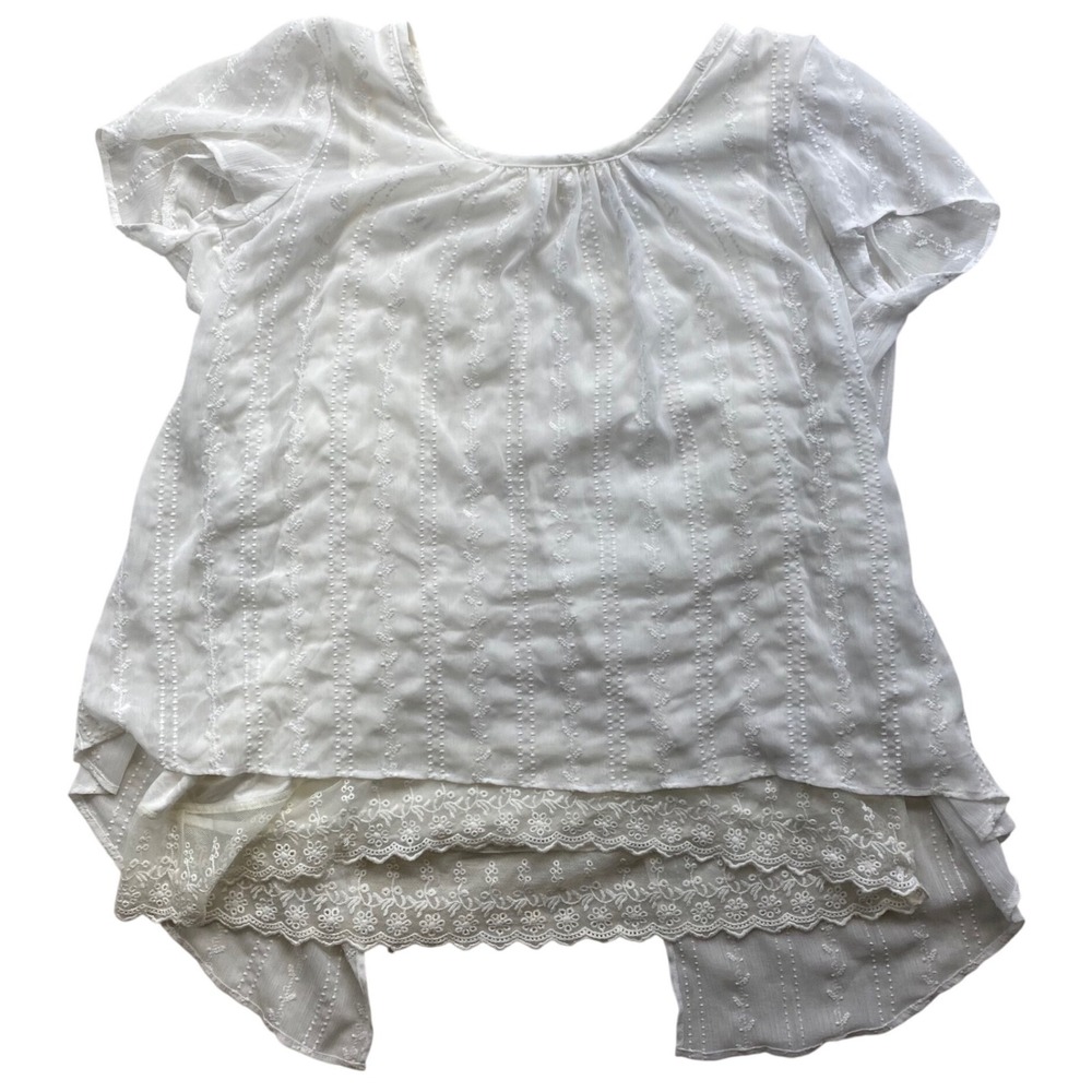 Fever Lace Trim‎ Layered Blouse Womens Large White Swiss Dot Short Sleeve